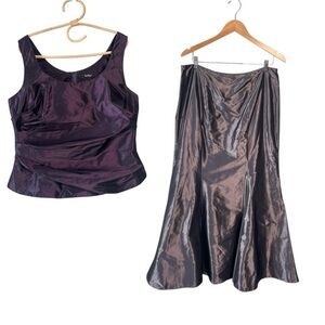 Vera Mont Paris Chrome Silver Sheen A-Line Midi Skirt & Purple Back Zip Top